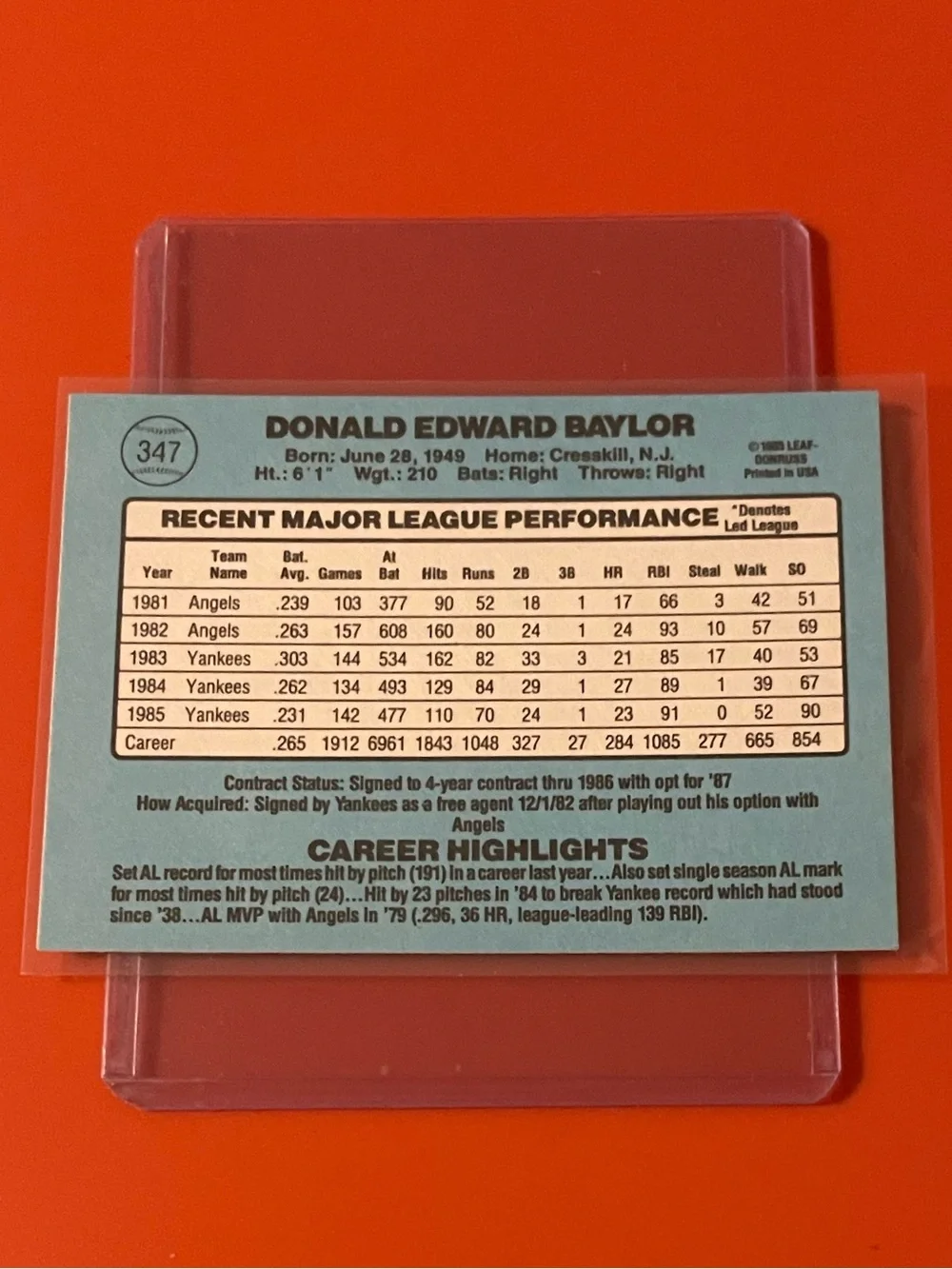 Don Baylor #347 1986 Donruss Baseball Trading Card